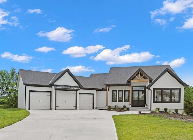 28897 Hackberry Cir, Paola, KS 66071 - modern farmhouse style home with an attached garage, a front yard, driveway, stucco siding, and a shingled roof