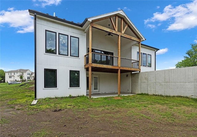 28897 Hackberry Cir, Paola, KS 66071 - rear view of property with ceiling fan, a balcony, and a patio area
