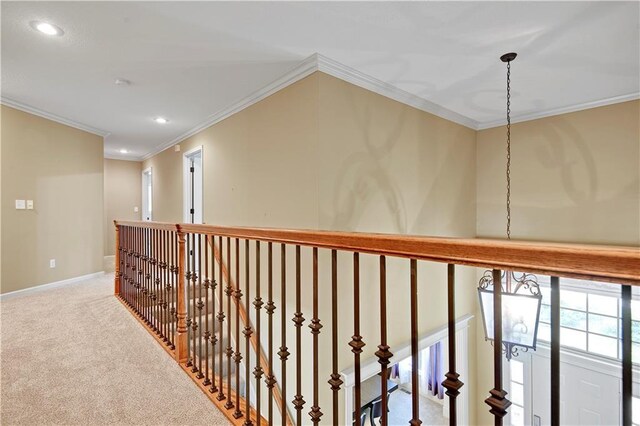 6330 N Nevada Ave, Parkville, MO 64152 - hall with crown molding, recessed lighting, carpet floors, and baseboards