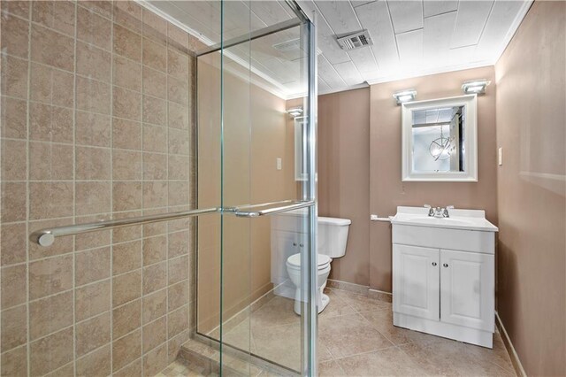 6330 N Nevada Ave, Parkville, MO 64152 - full bath with toilet, vanity, a stall shower, tile patterned flooring, and crown molding