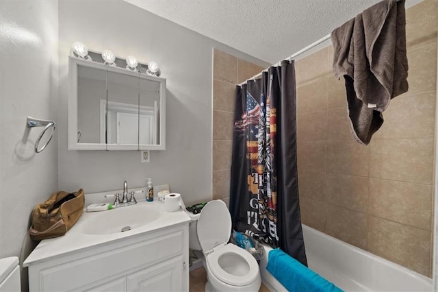 18828-30 E Wigwam Pl, Independence, MO 64056 - bathroom with toilet, vanity, a textured ceiling, and shower / bath combo with shower curtain