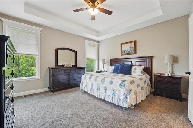 17311 Blue Moon Ln, Tonganoxie, KS 66086 - carpeted bedroom with a tray ceiling, baseboards, and ceiling fan