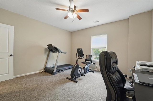 17311 Blue Moon Ln, Tonganoxie, KS 66086 - workout area featuring a ceiling fan, carpet, and baseboards