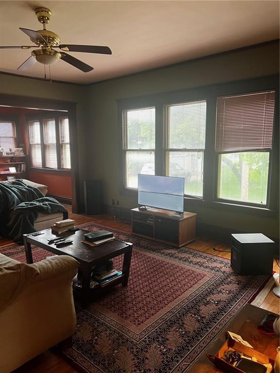 315 W 4th St, Ottawa, KS 66067 - living area featuring ceiling fan and wood finished floors