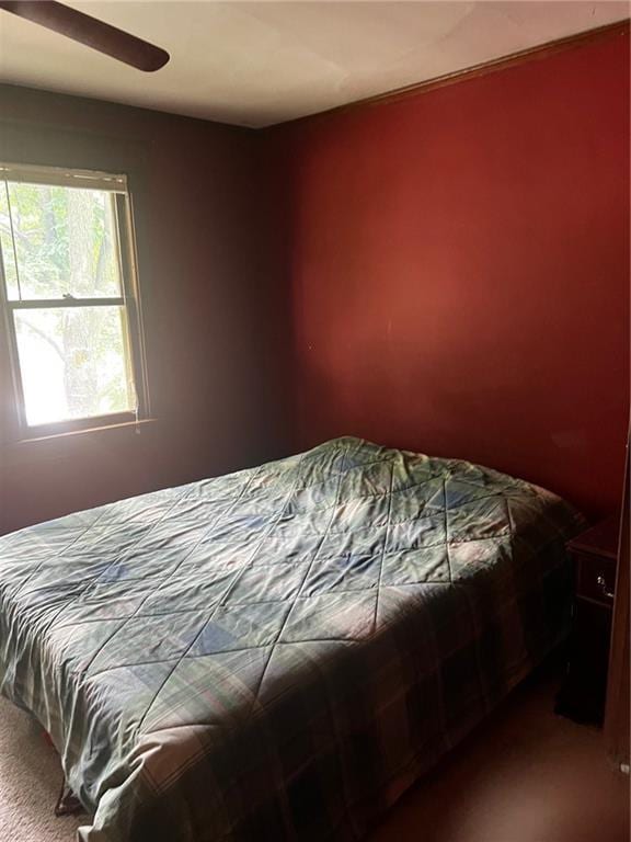 315 W 4th St, Ottawa, KS 66067 - bedroom with dark colored carpet and ceiling fan