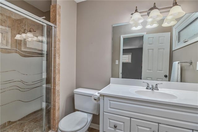 6411 Outlook Dr, Mission, KS 66202 - bathroom featuring vanity, a stall shower, toilet, and a chandelier