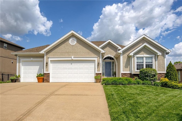 9301 NW Belleview Ave, Kansas City, MO 64155 - ranch-style home featuring concrete driveway, a front yard, a garage, and stone siding