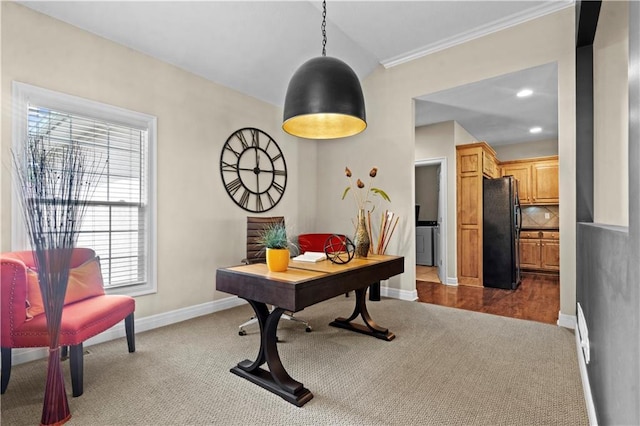 home office with dark carpet, baseboards, crown molding, and recessed lighting