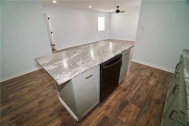 kitchen featuring recessed lighting, a ceiling fan, dark wood-style floors, black dishwasher, and a center island