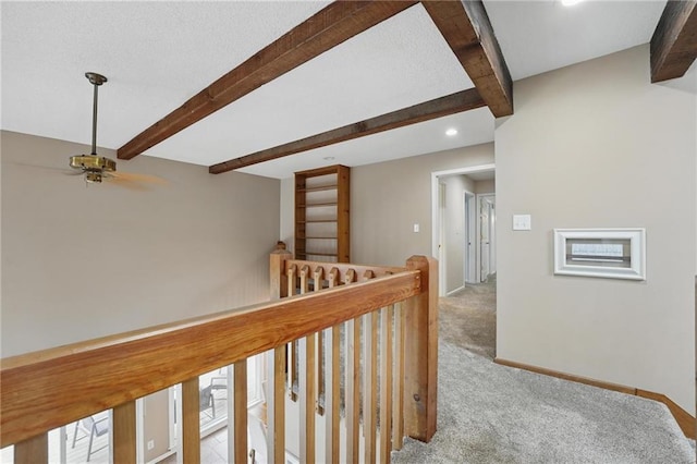14927 S Caenen Ln, Olathe, KS 66062 - corridor featuring beamed ceiling, carpet, recessed lighting, baseboards, and an upstairs landing