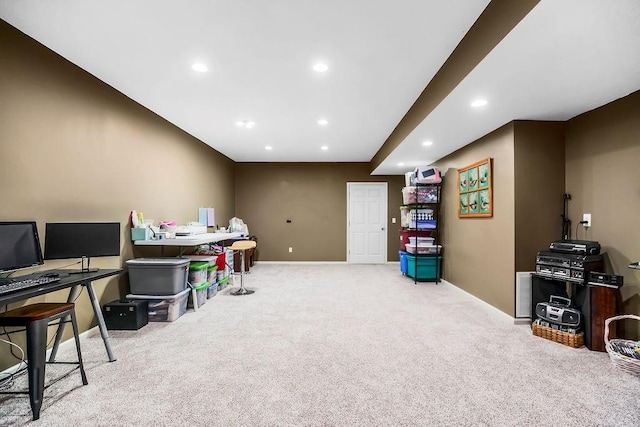 9008 N Hunter Ave, Kansas City, MO 64157 - recreation room with baseboards, carpet, recessed lighting, and an office area