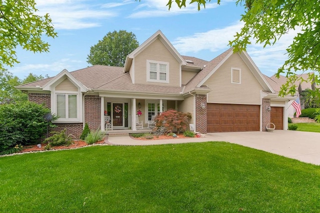 9008 N Hunter Ave, Kansas City, MO 64157 - traditional-style house with brick siding, concrete driveway, covered porch, a front yard, and roof with shingles