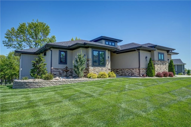 view of front of house with a front lawn, stone siding, stucco siding, and a shingled roof
