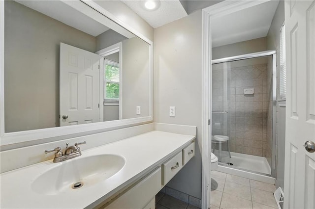 bathroom with tile patterned floors, toilet, a shower stall, and vanity