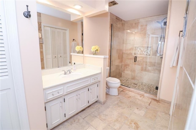 2218 Condolea Ter, Leawood, KS 66209 - bathroom with a closet, vanity, toilet, a stall shower, and stone finish floors
