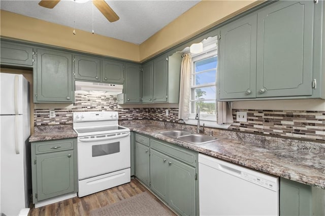 1608 SE Hillside Dr, Oak Grove, MO 64075 - kitchen featuring white appliances, under cabinet range hood, green cabinets, a ceiling fan, and a textured ceiling