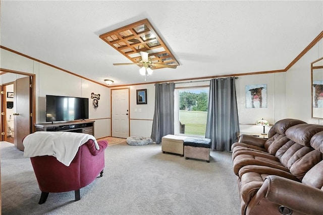 39460 Indianapolis Rd, Lane, KS 66042 - living area with crown molding, light colored carpet, a ceiling fan, and vaulted ceiling