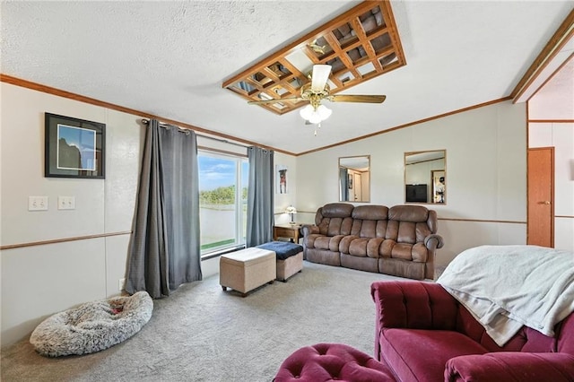 39460 Indianapolis Rd, Lane, KS 66042 - living room featuring carpet floors, ornamental molding, and ceiling fan