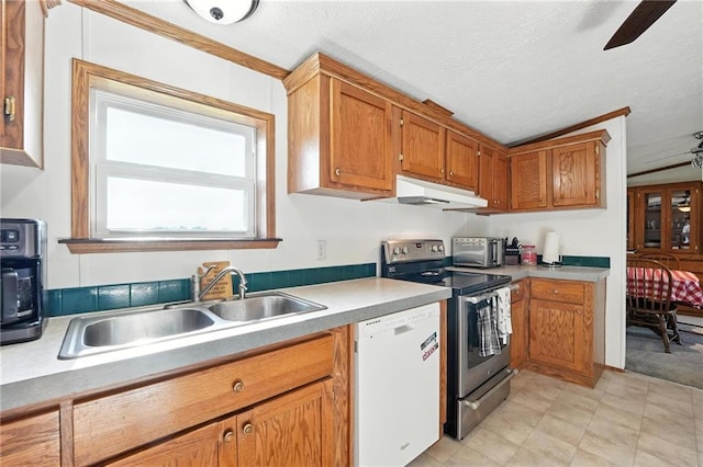39460 Indianapolis Rd, Lane, KS 66042 - kitchen with dishwasher, under cabinet range hood, stainless steel range with electric cooktop, light countertops, and a textured ceiling