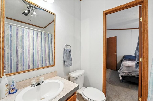 39460 Indianapolis Rd, Lane, KS 66042 - ensuite bathroom featuring vanity, ornamental molding, and a shower with shower curtain