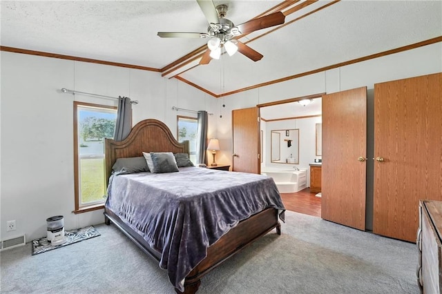 39460 Indianapolis Rd, Lane, KS 66042 - carpeted bedroom featuring lofted ceiling, ornamental molding, a textured ceiling, ensuite bathroom, and a ceiling fan