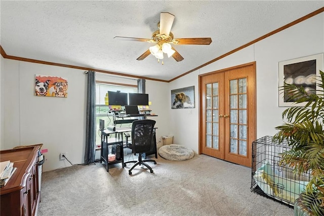 39460 Indianapolis Rd, Lane, KS 66042 - carpeted office space with french doors, lofted ceiling, crown molding, a textured ceiling, and a ceiling fan