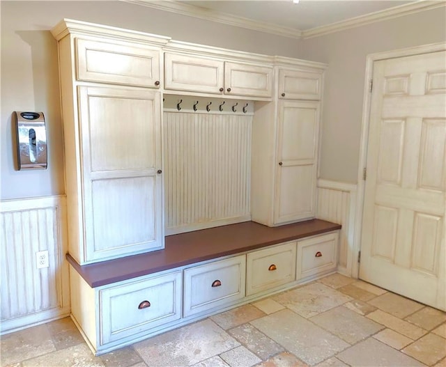 21815 W 73rd Ter, Shawnee, KS 66218 - mudroom with stone tile flooring, wainscoting, and crown molding