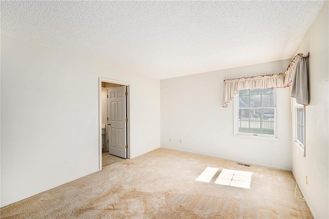 spare room featuring light carpet and a textured ceiling