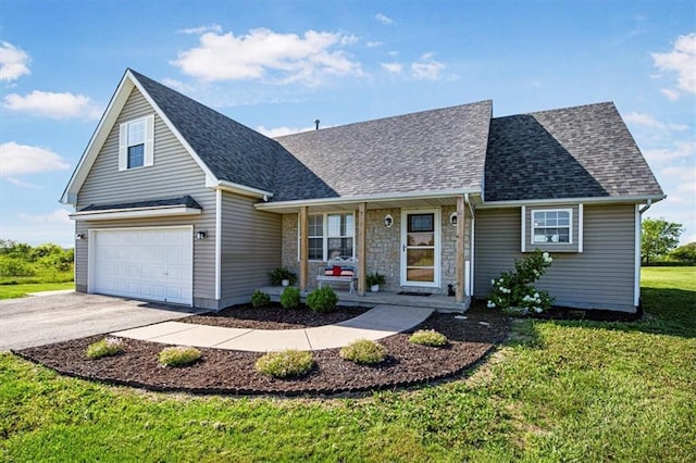 view of front of property with driveway, a porch, a front lawn, a shingled roof, and stone siding