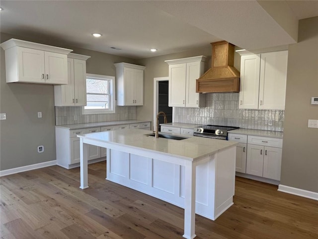 305 N Prairie St, Hamilton, MO 64644 - kitchen featuring custom exhaust hood, stainless steel range with electric cooktop, backsplash, a sink, and white cabinetry