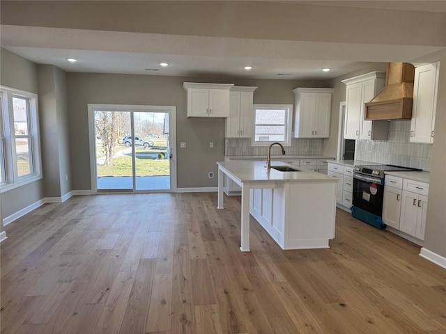 305 N Prairie St, Hamilton, MO 64644 - kitchen with custom range hood, stainless steel range with electric stovetop, a sink, tasteful backsplash, and recessed lighting