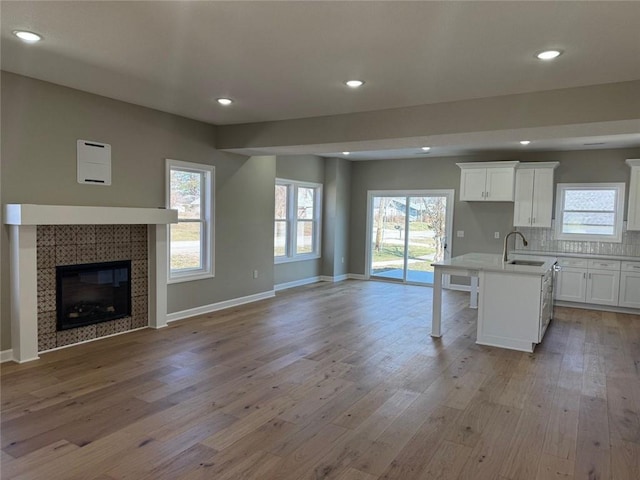 305 N Prairie St, Hamilton, MO 64644 - unfurnished living room featuring a sink, light wood-style flooring, baseboards, recessed lighting, and a fireplace