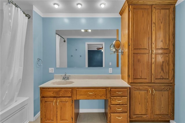 full bathroom featuring vanity, shower / tub combo, and tile patterned flooring