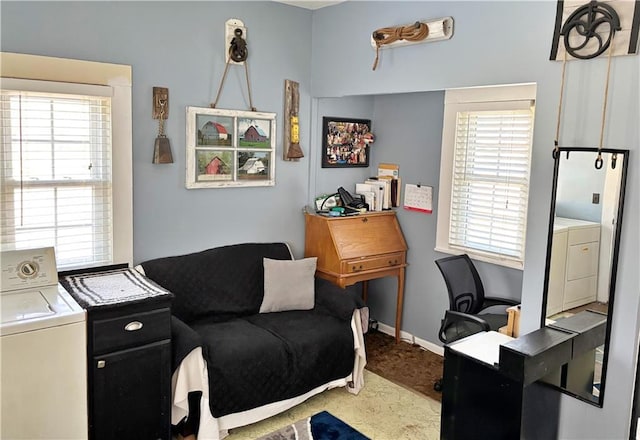 home office featuring washer / clothes dryer, carpet, and baseboards