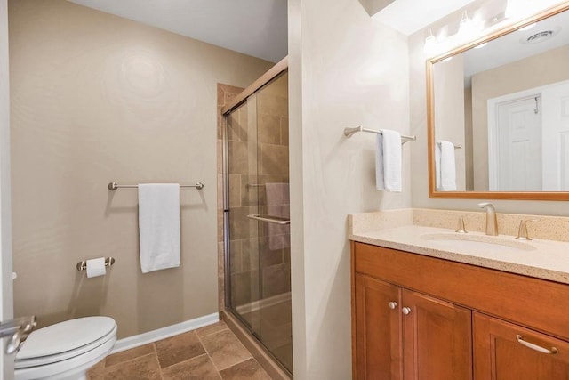 7711 N Montgall Ave, Kansas City, MO 64119 - full bathroom featuring a stall shower, toilet, vanity, and baseboards