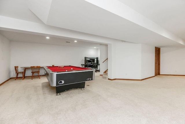 7711 N Montgall Ave, Kansas City, MO 64119 - playroom featuring light colored carpet, baseboards, pool table, and recessed lighting