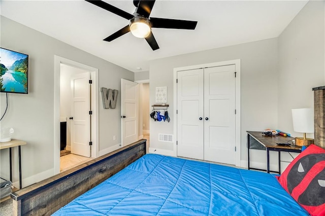 bedroom featuring baseboards, a closet, and ceiling fan