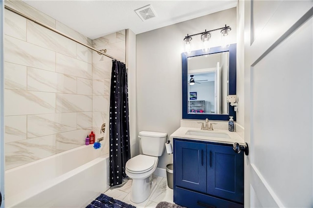 bathroom with toilet, shower / bathtub combination with curtain, marble look tile flooring, vanity, and a ceiling fan