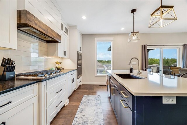 809 N Maple Ct, Lone Jack, MO 64070 - kitchen with premium range hood, appliances with stainless steel finishes, dark wood-style flooring, tasteful backsplash, and recessed lighting
