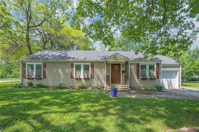 single story home featuring an attached garage, a front lawn, asphalt driveway, and roof with shingles