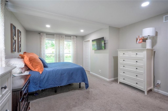 bedroom featuring recessed lighting, baseboards, and light colored carpet