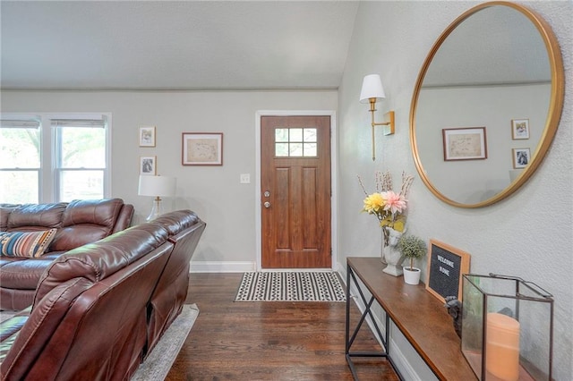 foyer entrance with dark wood-style floors, baseboards, and vaulted ceiling