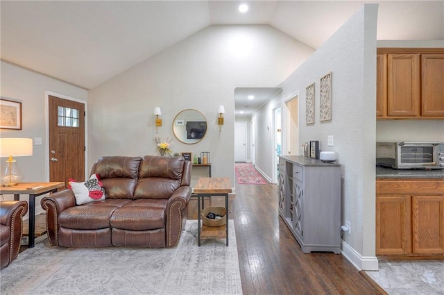living area featuring wood finished floors and high vaulted ceiling
