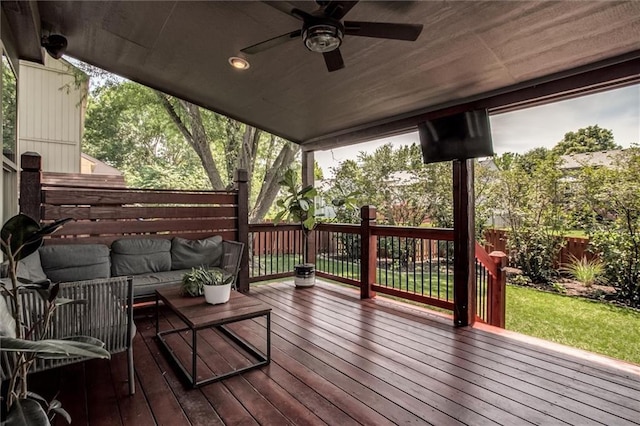 1849 W Cedar St, Olathe, KS 66061 - deck featuring ceiling fan, a fenced backyard, and an outdoor living space