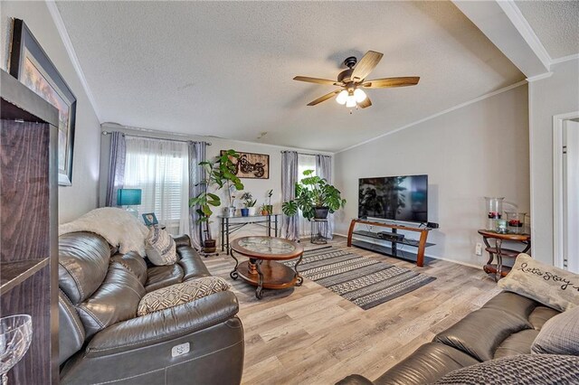 33 Lakeview Ln, Linn Valley, KS 66040 - living room featuring a textured ceiling, ceiling fan, crown molding, wood finished floors, and plenty of natural light