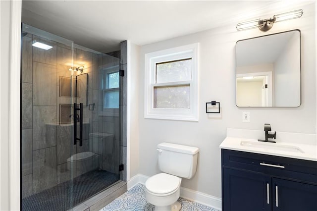 506 W 86th St, Kansas City, MO 64114 - full bathroom with toilet, a stall shower, vanity, and baseboards