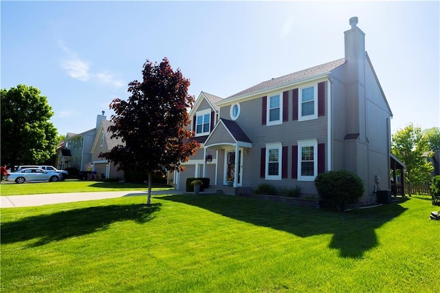 16366 S Hunter St, Olathe, KS 66062 - colonial house featuring a front lawn, a chimney, driveway, and cooling unit
