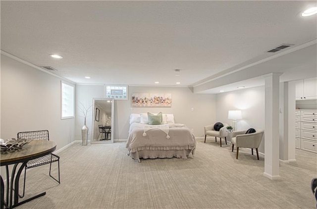 4547 Wyoming St, Kansas City, MO 64111 - bedroom with crown molding, light colored carpet, baseboards, and recessed lighting