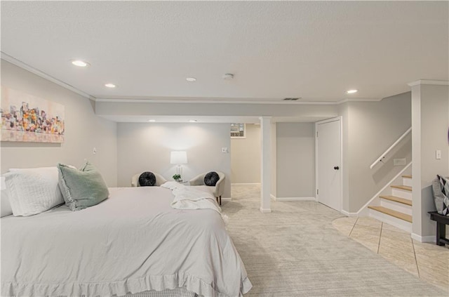 4547 Wyoming St, Kansas City, MO 64111 - bedroom featuring ornamental molding, carpet flooring, recessed lighting, baseboards, and a textured ceiling