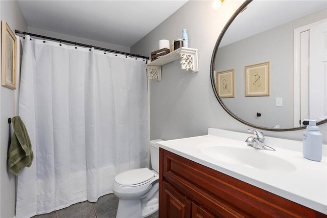 bathroom with vanity, tile patterned floors, toilet, and a shower with shower curtain